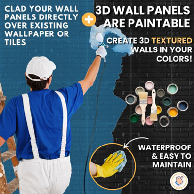 3D Wall Panels Adhesive Included - 6 Sheets Cover 16.15ft²(1.5m²) Interior Cladding Panels - Urban Brick Design in Matt Black - 8