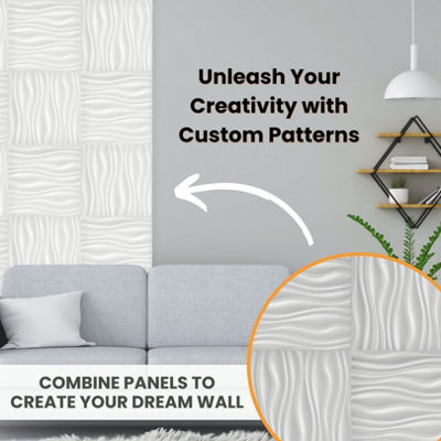 3D Wall Panels Adhesive Included - 6 Sheets Cover 16.15ft²(1.5m²) Interior Cladding Panels - Wave Effect Design in Matt White - 4