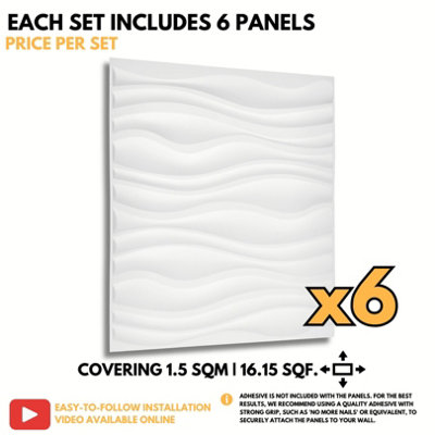 3D Wall Panels Adhesive Included - 6 Sheets Cover 16.15ft²(1.5m²) Interior Cladding Panels - Wave Effect Design in Matt White - 6