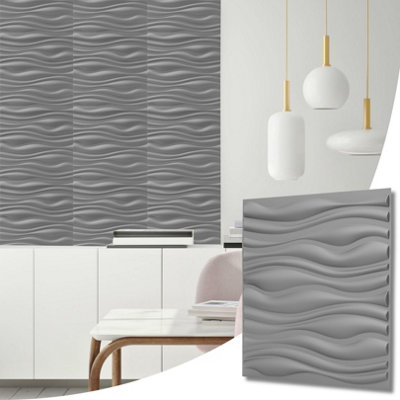 3D Wall Panels Adhesive Included - 6 Sheets Cover 16.15ft²(1.5m²) Interior Cladding Panels - Wave Effect Design Matt Silver Grey