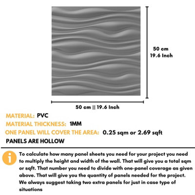 3D Wall Panels Adhesive Included - 6 Sheets Cover 16.15ft²(1.5m²) Interior Cladding Panels - Wave Effect Design Matt Silver Grey - 3