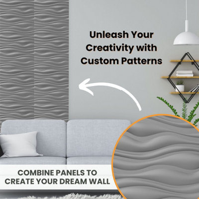 3D Wall Panels Adhesive Included - 6 Sheets Cover 16.15ft²(1.5m²) Interior Cladding Panels - Wave Effect Design Matt Silver Grey - 4