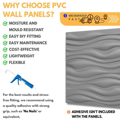 3D Wall Panels Adhesive Included - 6 Sheets Cover 16.15ft²(1.5m²) Interior Cladding Panels - Wave Effect Design Matt Silver Grey - 5
