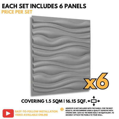 3D Wall Panels Adhesive Included - 6 Sheets Cover 16.15ft²(1.5m²) Interior Cladding Panels - Wave Effect Design Matt Silver Grey - 6