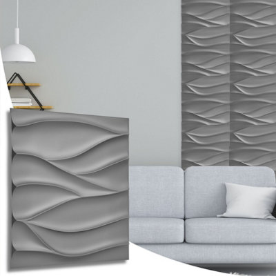 3D Wall Panels Adhesive Included - 6 Sheets Cover 16.15ft²(1.5m²) Interior Cladding Panels - Wavy Wave Design in Matte Grey Silver