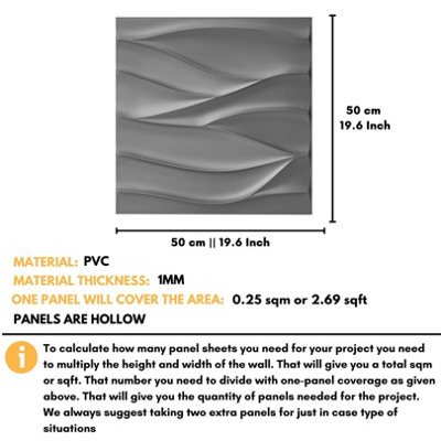 3D Wall Panels Adhesive Included - 6 Sheets Cover 16.15ft²(1.5m²) Interior Cladding Panels - Wavy Wave Design in Matte Grey Silver - 3
