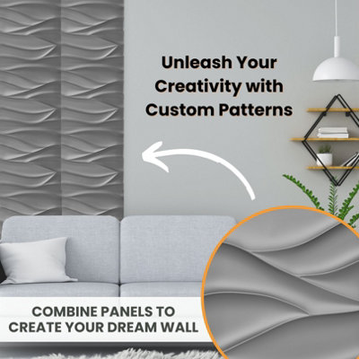 3D Wall Panels Adhesive Included - 6 Sheets Cover 16.15ft²(1.5m²) Interior Cladding Panels - Wavy Wave Design in Matte Grey Silver - 4