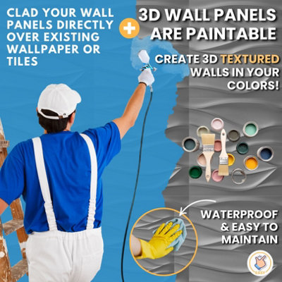 3D Wall Panels Adhesive Included - 6 Sheets Cover 16.15ft²(1.5m²) Interior Cladding Panels - Wavy Wave Design in Matte Grey Silver - 8