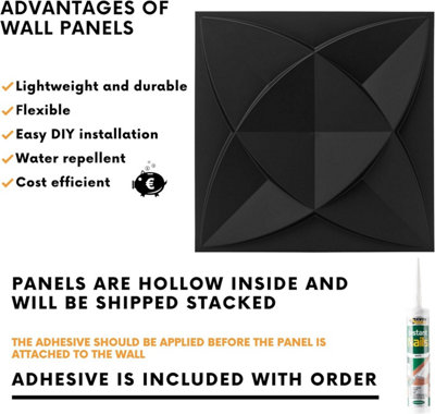 3D Wall Panels Adhesive Included - 6 Sheets Covering 16.15ft²(1.5m²) Interior Cladding Panels set - Star Design in Matte Black - 3