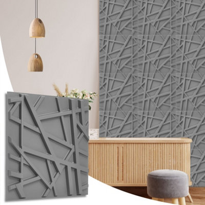 3D Wall Panels Adhesive Included - 6 Sheets Covers 16.15ft²(1.5m²) Interior Cladding Panels - Geometric Line Design in Matt Grey