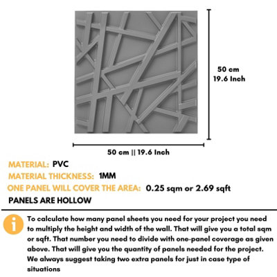 3D Wall Panels Adhesive Included - 6 Sheets Covers 16.15ft²(1.5m²) Interior Cladding Panels - Geometric Line Design in Matt Grey - 3
