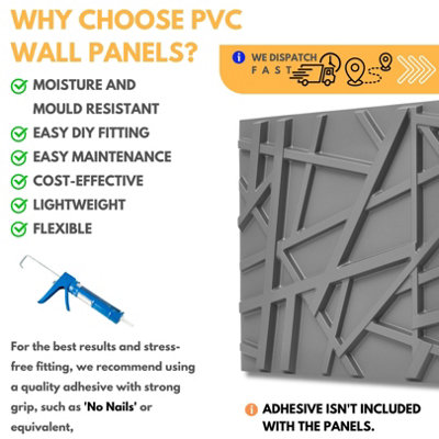 3D Wall Panels Adhesive Included - 6 Sheets Covers 16.15ft²(1.5m²) Interior Cladding Panels - Geometric Line Design in Matt Grey - 5