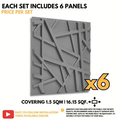 3D Wall Panels Adhesive Included - 6 Sheets Covers 16.15ft²(1.5m²) Interior Cladding Panels - Geometric Line Design in Matt Grey - 6