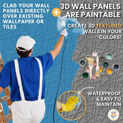 3D Wall Panels Adhesive Included - 6 Sheets Covers 16.15ft²(1.5m²) Interior Cladding Panels - Geometric Line Design in Matt Grey - 8