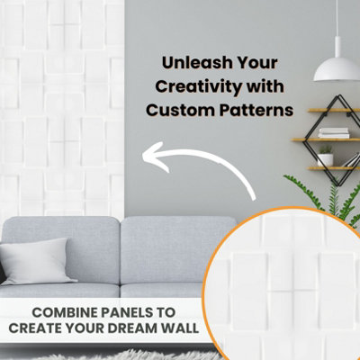 3D Wall Panels Adhesive Included - 6 Sheets Covers 16.15ft²(1.5m²) Interior Cladding Panels Geometric Square Design in Matt White - 4