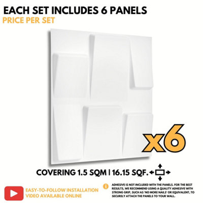 3D Wall Panels Adhesive Included - 6 Sheets Covers 16.15ft²(1.5m²) Interior Cladding Panels Geometric Square Design in Matt White - 6