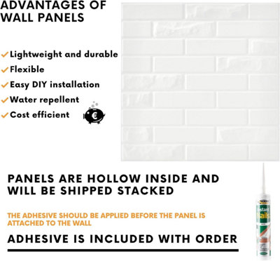 3D Wall Panels Adhesive Included - 6 Sheets Covers 16.15ft²(1.5m²) Interior Cladding Panels - Urban Brick Design in Matt White - 5