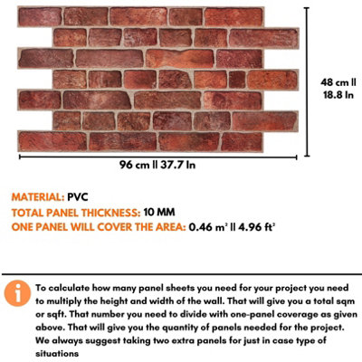 3D Wall Panels Self Adhesive - Pack of 6 Sheets Covering 29.76 ft² (2.76 m²) - Easy Peel & Stick - Faux Deep Red Brick Pattern