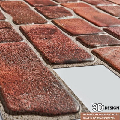3D Wall Panels Self Adhesive - Pack of 6 Sheets Covering 29.76 ft² (2.76 m²) - Easy Peel & Stick - Faux Deep Red Brick Pattern - 4
