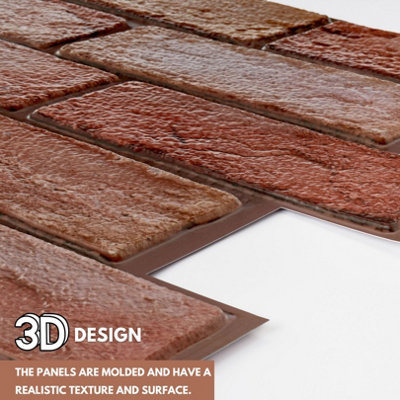 3D Wall Panels Self Adhesive - Pack of 6 Sheets -Covering 29.76 sqft/2.76 sqm - Easy Peel & Stick - Rustic Brown Red Brick Design - 3