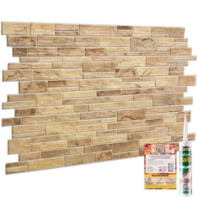 3D Wall Panels with Adhesive - 6 Sheets, 96 x 48 cm each, Covers 2.76 sqm - PVC Cladding with Beige Brown Slim Stone Brick