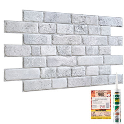 3D Wall Panels with Adhesive - 6 Sheets, 96 x 48 cm each, Covers 2.76 sqm - PVC Cladding with Grey Faux Brick Effect