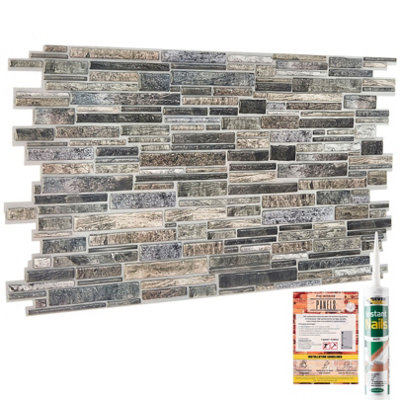 3D Wall Panels with Adhesive - 6 Sheets, 96 x 48 cm each, Covers 2.76 sqm - PVC Cladding with Grey Slim Stone Brick Effect