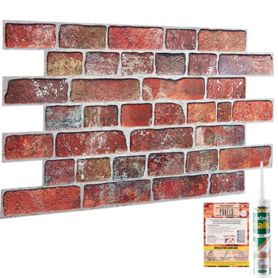 3D Wall Panels with Adhesive - 6 Sheets, 96 x 48 cm each, Covers 2.76 sqm - PVC Cladding with Old Red Retro Brick Effect