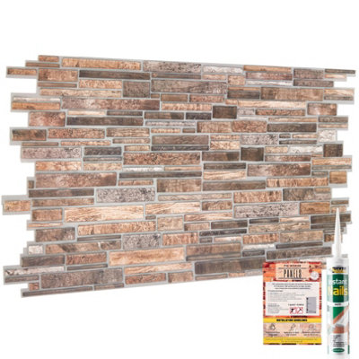 3D Wall Panels with Adhesive - 6 Sheets, 96 x 48 cm each, Covers 2.76sqm - PVC Cladding with Copper Brown Slim Stone Brick