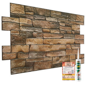 3D Wall Panels with Adhesive Included - Pack of 6 Sheets - Cover 29.76 sqft/2.76 sqm - Decorative Rustic Tan with Brickwork Effect