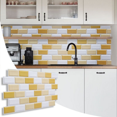 3D Wall Panels with Adhesive Included - Pack of 6 Sheets Cover 29.76ft² (2.76m² ) - Subway Tile Pattern in White Gold & Beige