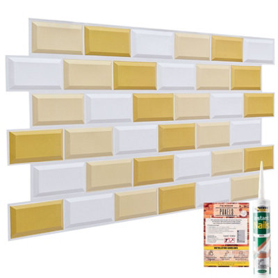 3D Wall Panels with Adhesive Included - Pack of 6 Sheets Cover 29.76ft² (2.76m² ) - Subway Tile Pattern in White Gold & Beige