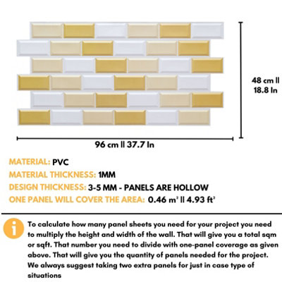 3D Wall Panels with Adhesive Included - Pack of 6 Sheets Cover 29.76ft² (2.76m² ) - Subway Tile Pattern in White Gold & Beige - 3