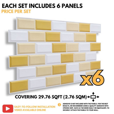 3D Wall Panels with Adhesive Included - Pack of 6 Sheets Cover 29.76ft² (2.76m² ) - Subway Tile Pattern in White Gold & Beige - 6