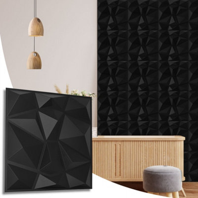 3D Wall Panels with Adhesive Included - Pack of 6 Sheets - Covering 16.15 ft² (1.5 m²) - Decorative Modern Black Diamond Design