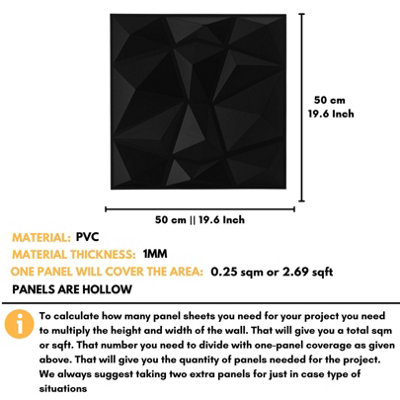 3D Wall Panels with Adhesive Included - Pack of 6 Sheets - Covering 16.15 ft² (1.5 m²) - Decorative Modern Black Diamond Design - 3