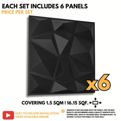 3D Wall Panels with Adhesive Included - Pack of 6 Sheets - Covering 16.15 ft² (1.5 m²) - Decorative Modern Black Diamond Design - 6