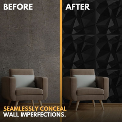 3D Wall Panels with Adhesive Included - Pack of 6 Sheets - Covering 16.15 ft² (1.5 m²) - Decorative Modern Black Diamond Design - 7