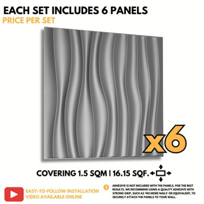 3D Wall Panels with Adhesive Included - Pack of 6 Sheets Covering 16.15 ft² / 1.5 m² - Decorative Modern Wave Design - 6