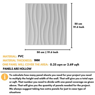 3D Wall Panels with Adhesive Included - Pack of 6 Sheets - Covering 16.15 ft² / 1.5 m² - Decorative Modern White Waves Design - 3