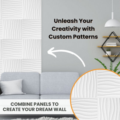 3D Wall Panels with Adhesive Included - Pack of 6 Sheets - Covering 16.15 ft² / 1.5 m² - Decorative Modern White Waves Design - 4