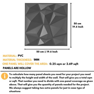 3D Wall Panels with Adhesive Included - Pack of 6 Sheets - Covering 16.15 sqft / 1.5 sqm - Decorative Modern Diamond Design - 3