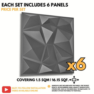 3D Wall Panels with Adhesive Included - Pack of 6 Sheets - Covering 16.15 sqft / 1.5 sqm - Decorative Modern Diamond Design - 6