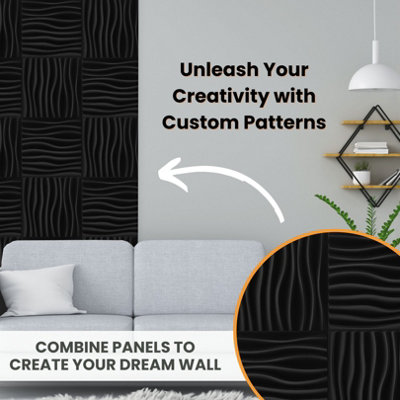 3D Wall Panels with Adhesive Included - Pack of 6 Sheets - Covering 16.15 sqft / 1.5 sqm - Decorative Modern Wave Design - 4
