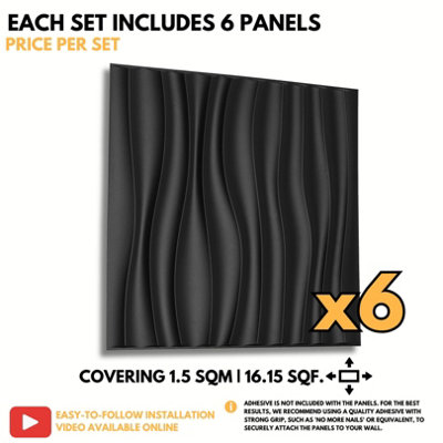 3D Wall Panels with Adhesive Included - Pack of 6 Sheets - Covering 16.15 sqft / 1.5 sqm - Decorative Modern Wave Design - 6
