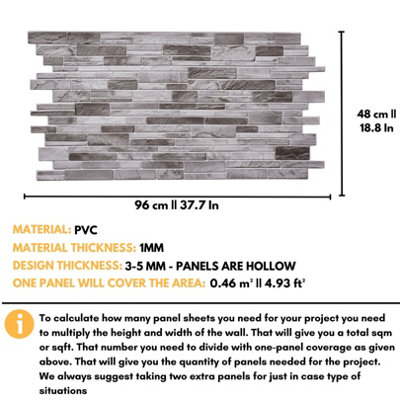 3D Wall Panels with Adhesive Included - Pack of 6 Sheets Covering 29.61 sqft /2.75 sqm -Decorative Natural Grey Stone Slate Design - 3