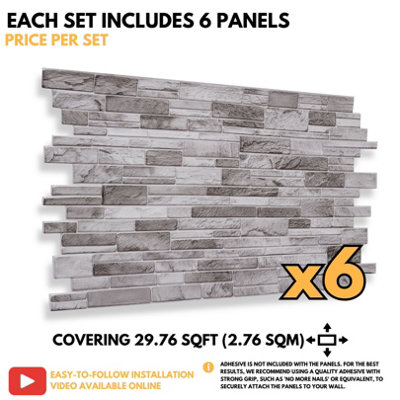 3D Wall Panels with Adhesive Included - Pack of 6 Sheets Covering 29.61 sqft /2.75 sqm -Decorative Natural Grey Stone Slate Design - 6