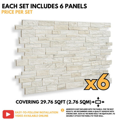 3D Wall Panels with Adhesive Included - Pack of 6 Sheets - Covering 29.61 sqft / 2.75 sqm -  Modern Light Grey Stone Slate Design - 6