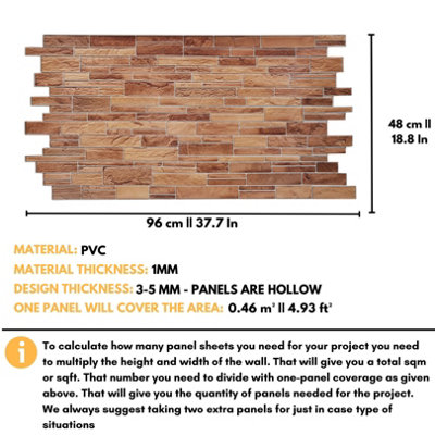 3D Wall Panels with Adhesive Included - Pack of 6 Sheets - Covering 29.61 sqft / 2.75 sqm - Natural Brown Stone Slate Design - 3