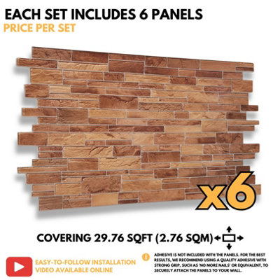 3D Wall Panels with Adhesive Included - Pack of 6 Sheets - Covering 29.61 sqft / 2.75 sqm - Natural Brown Stone Slate Design - 6